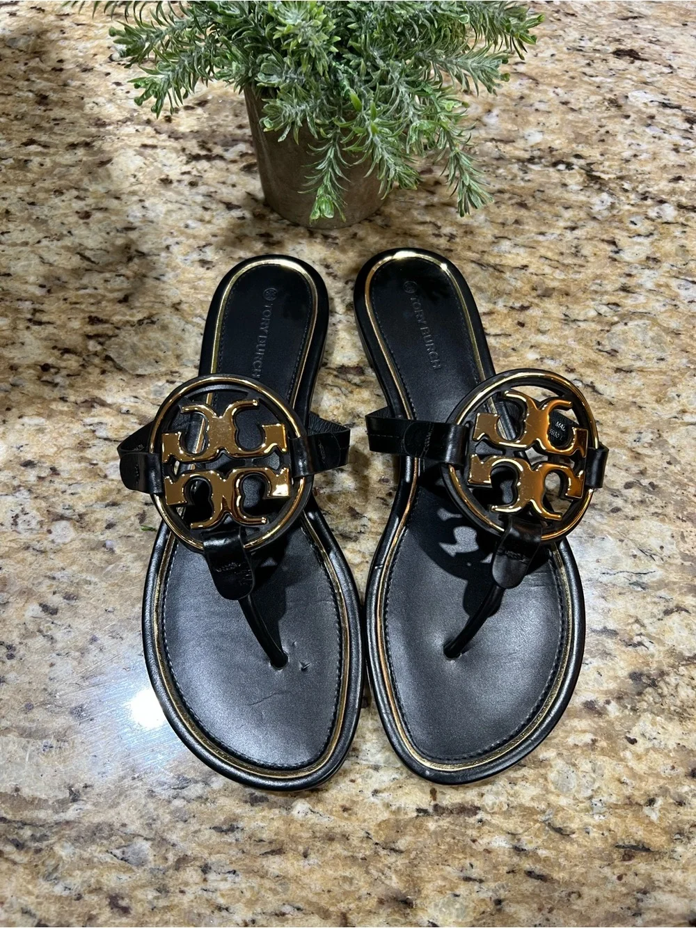 Tory Burch Miller Metal Black Leather Sandals with Gold Logo 9M